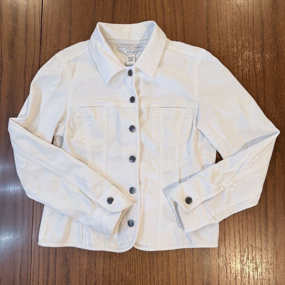 Geoffrey Beene Sport White Denim Jacket M Stretch Fitted Y2K Minimalist